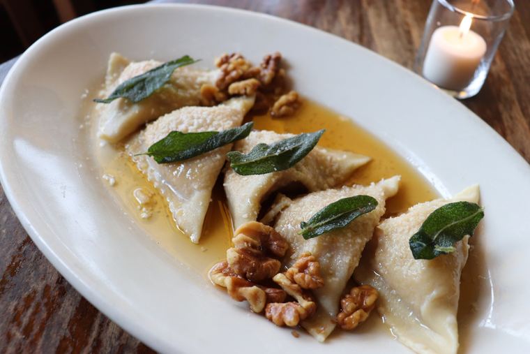 Pansoti pasta filled with butternut squash, in brown butter with sage and walnuts